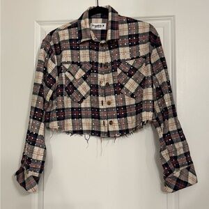 Frankie B LA Rhinestone Studded Cropped Flannel Shirt with Graphic Back Size XS